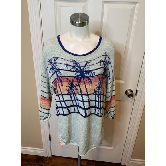 Free People Blue Palm Tree Sunset Striped Sweater W/ Cinch, Size XS - Picture 2 of 6
